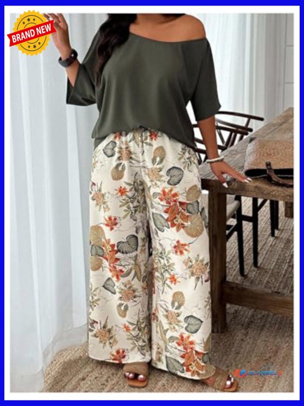 Plus Size 2 Piece Off Shoulder Top and Floral Pants Set Summer Vacation Outfits - Picture 4 of 5